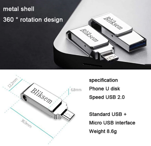 Флешка Bliksem USB 2.0 OTG 64 ГБ (64 GB USB Flash Drive) металлическая скоба USB + USB micro - изображение 2