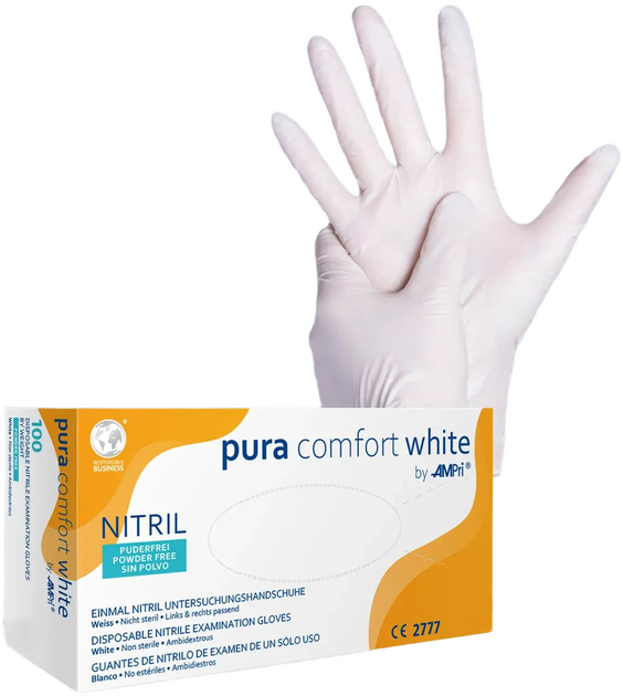 Рукавички нітрилові Ampri Puracomfort White неопудрені Размер L 100 шт Білі (4044941009827) - зображення 1