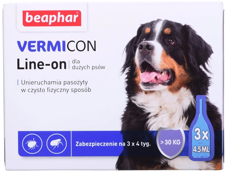 Krople przeciw pchłom i kleszczom dla psów BEAPHAR Vermicon >30kg 3x4.5 ml (8711231119042) - obraz 1
