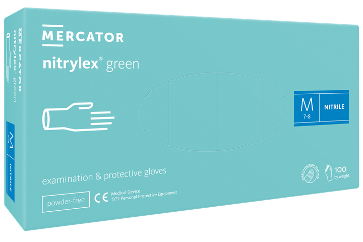 Рукавички нітрилові оглядові Mercator GREEN М'ятні нестерильні неприпудрені M 100 шт - изображение 1