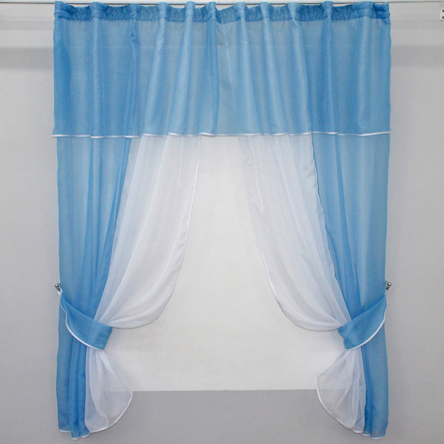 Акція на Комплект кухонних штор VR-Textil №090к з ламбрекеном на карниз 1-1.5м Блакитний з білим 170х280 см (52-0004) від Rozetka