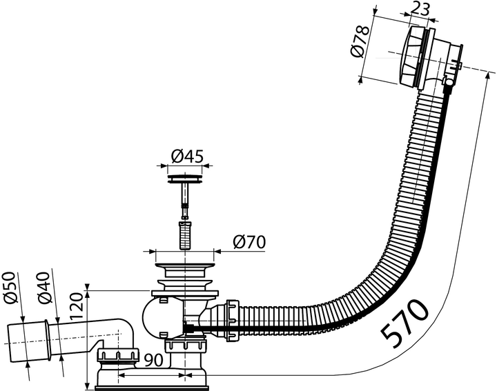 Сифон для ванны KOLLER POOL B70CMMA57 автомат DN50 с гофрированным ...