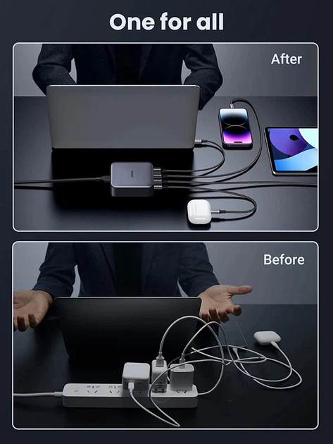 Зарядний пристрій Ugreen CD328 Nexode Series 3 х USB-C + USB-A 100 Вт GaN Чорний (6957303899289) - зображення 7