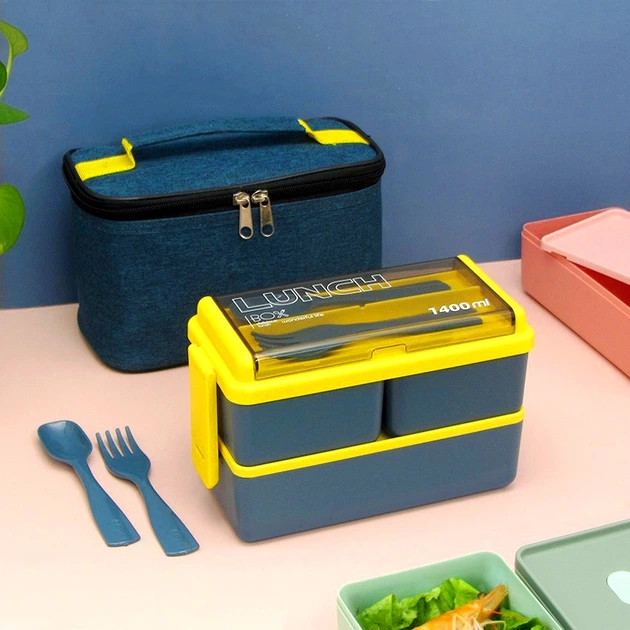 Ланч набор 2в1 с ланч боксом и ланч бэгом Bento Set сине-желтый