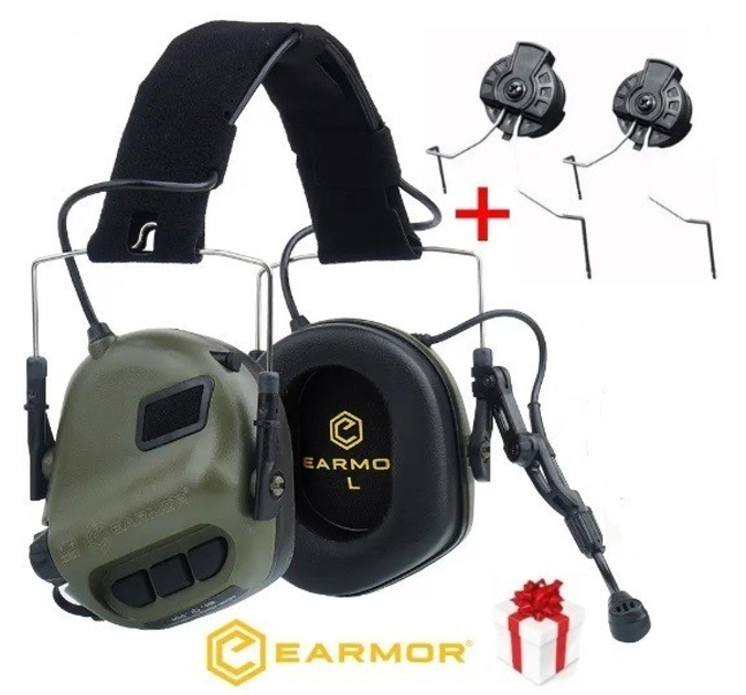 Активні захисні навушники Earmor M32 FG(MOD3) Микрофон з кріпленням на голов + Кріплення M11 під шолому каску ORIGINAL ( Зелений ) - зображення 1