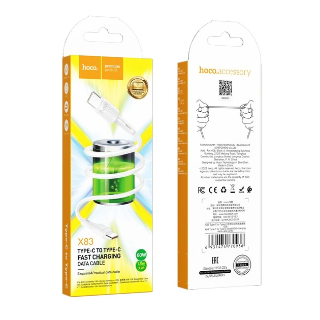 USB Кабель Hoco X83 60W Type-C to Type-C 3A 1m, White - Фото 1 USB Кабель Hoco X83 60W Type-C to Type-C 3A 1m, White - зображення 1