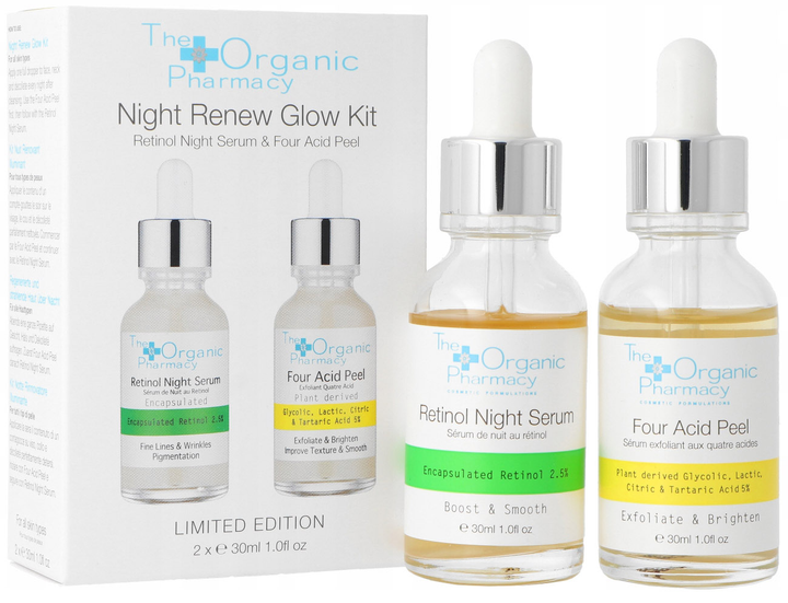 Zestaw The Organic Pharmacy Night Repair Glow Four Acid Peel Exfoliate & Brighten 30ml + Retinol Night Serum Fine Lines & Wrinkles 30ml (5060373521392) - obraz 2