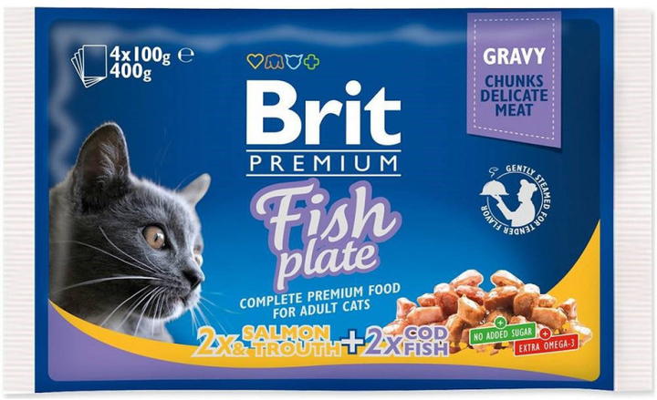 Mokra karma pełnoporcjowa dla kotów dorosłych Brit Cat Pouches fish plate 4x100 g (8595602506248) - obraz 1