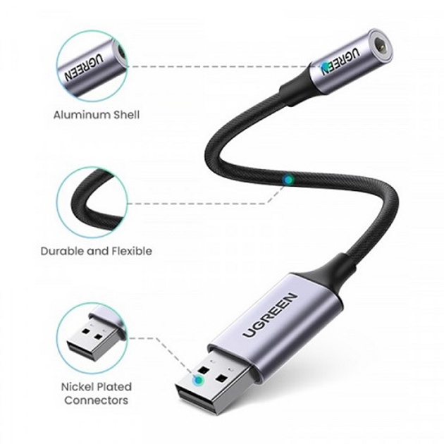 Звуковая карта Ugreen CM477 USB AUX Jack TRRS Mic/Ear KT0210 25СМ Черная - изображение 5