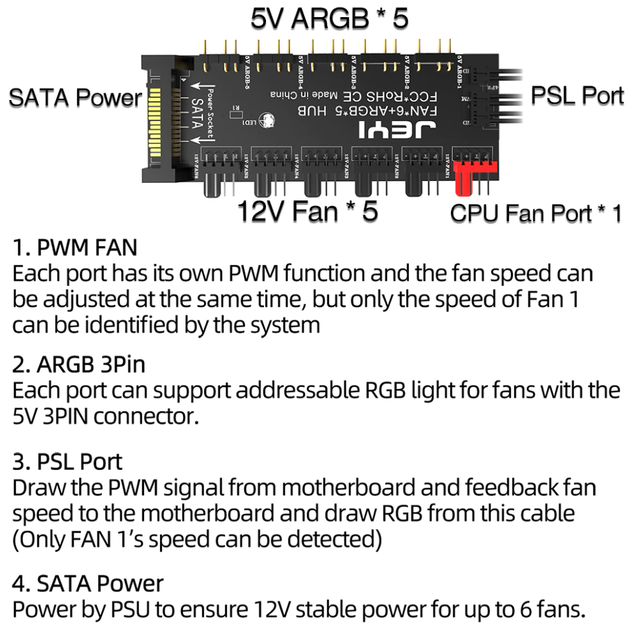 PWM-контролер JEYI для вентиляторов 4pin и ARGB подсветки 3pin хаб питания (6xFan & 5xARGB HUB) - изображение 2