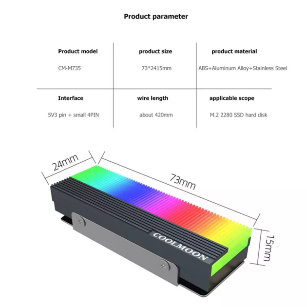 Радиатор алюминиевый Coolmoon CM-M7S ARGB для SSD M2 2280 - изображение 3