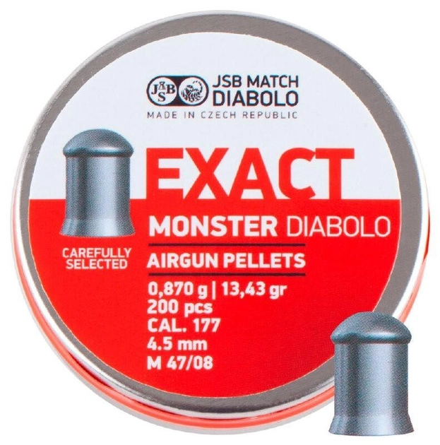 Кулі пневм JSB Diabolo Exact Monster. Кал. 4.52 мм. Вага - 0.87 г. 200 шт/уп - зображення 1