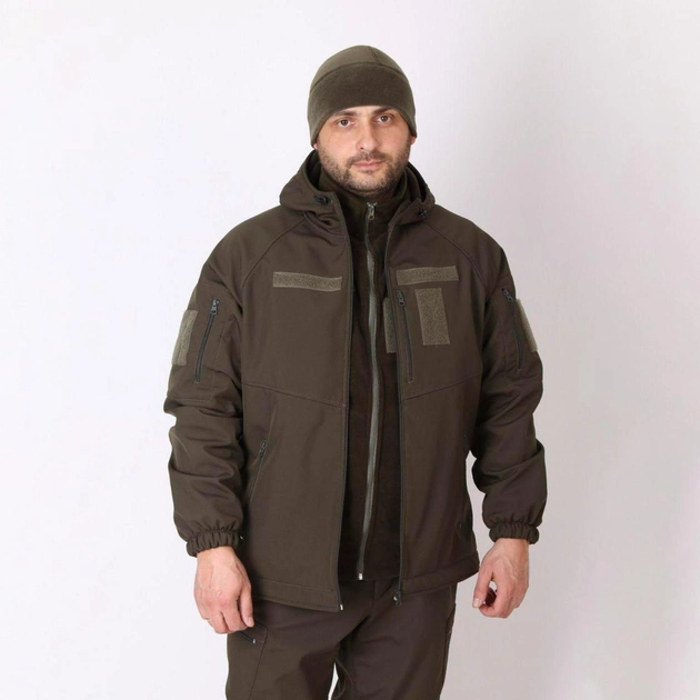 Мужская демисезонная Куртка Softshell с капюшоном / Водонепроницаемый Бушлат на флисе олива размер 52 - изображение 2