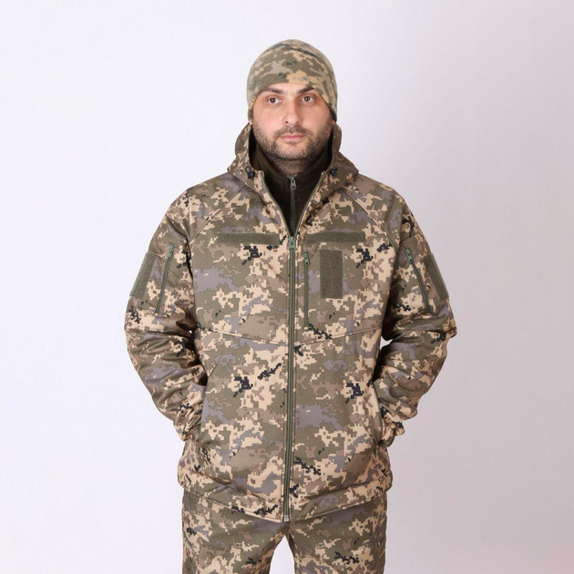 Мужская демисезонная Куртка Softshell с капюшоном / Водонепроницаемый Бушлат на флисе пиксель размер 48 - изображение 1