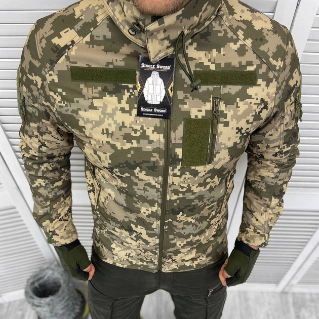 Мужская демисезонная Куртка с капюшоном Single Sword Softshell на двойном флисе пиксель размер XXL - изображение 1