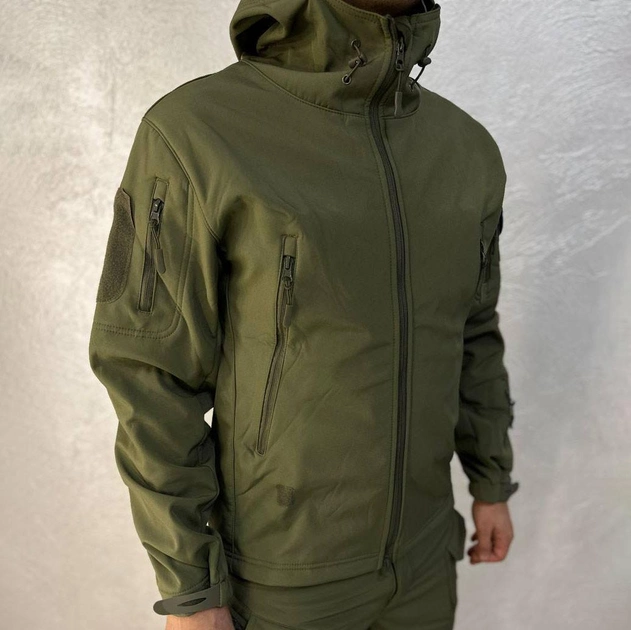 Мужская водонепроницаемая куртка Softshell с капюшоном и вентиляционными молниями олива размер 3XL - изображение 1