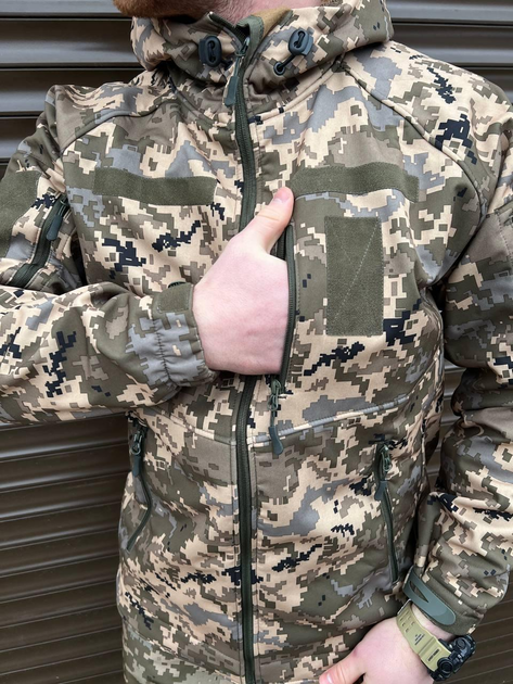 Плотная мужская Куртка SoftShell на флисе с капюшном и затяжками пиксель размер L - изображение 2