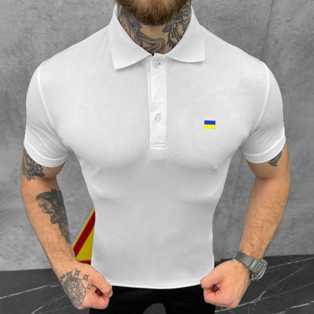 Мужское плотное Поло с принтом "Флаг Украины" / Футболка приталенного кроя белая размер L - изображение 2