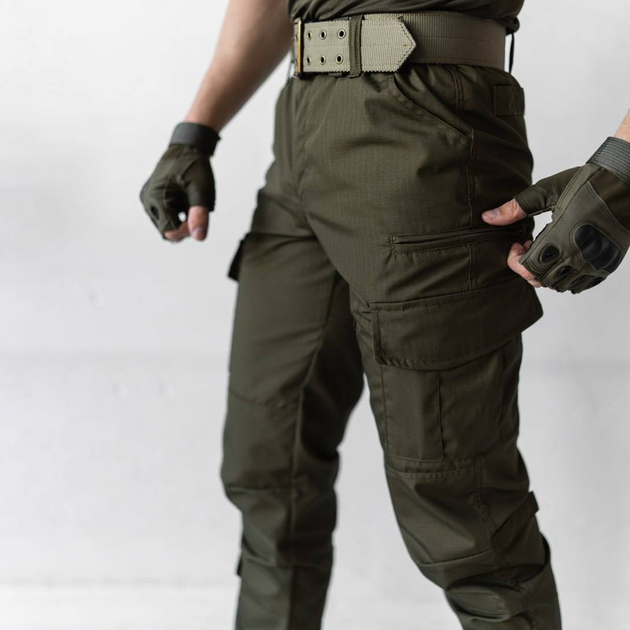 Чоловічі Штани Ріп-стоп з кишенями під наколінники / Брюки з середньою посадкою хакі розмір 4XL - зображення 2