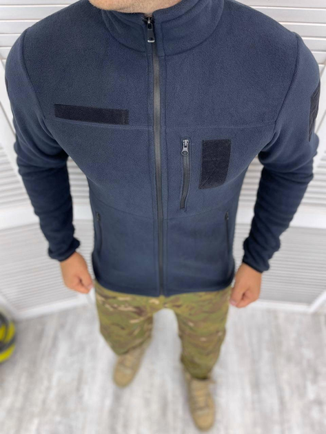 Мужская флисовая Кофта с карманами и липучками под шевроны / Плотная флиска синяя размер XXL - изображение 1