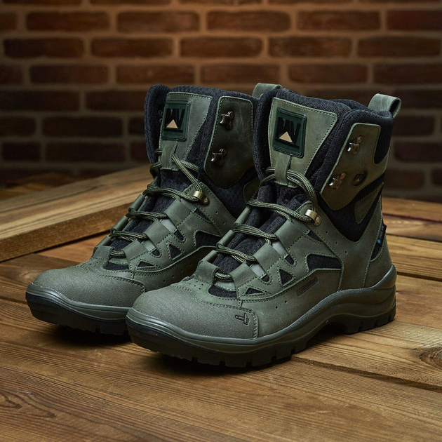 Универсальные кожаные Ботинки на двухкомпонентной подошве / Высокие Берцы с мембраной олива размер 41 - изображение 2