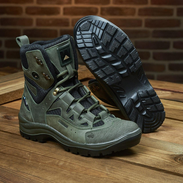 Универсальные кожаные Ботинки на двухкомпонентной подошве / Высокие Берцы с мембраной олива размер 35 - изображение 1