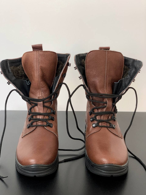 Зимние Берцы Ястреб из натуральной кожи с меховой подкладкой / Высокие утепленные ботинки коричневые размер 40 - изображение 2