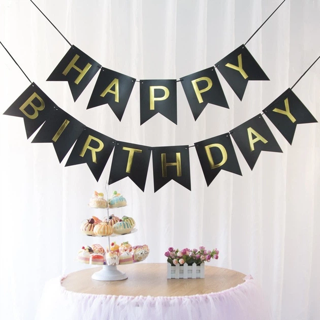 Гірлянда паперова з прапорців чорна Happy Birthday із золотими літерами довжина 2м - зображення 2