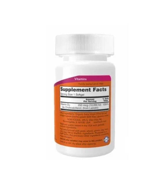 NOW Витамин D-3, Vitamin D-3 10000 IU - 120 капсул (733739003768) - изображение 2