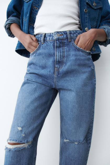 Джинсы с разрезами Zara High-Rise Mom 38 синий 5862/025/427