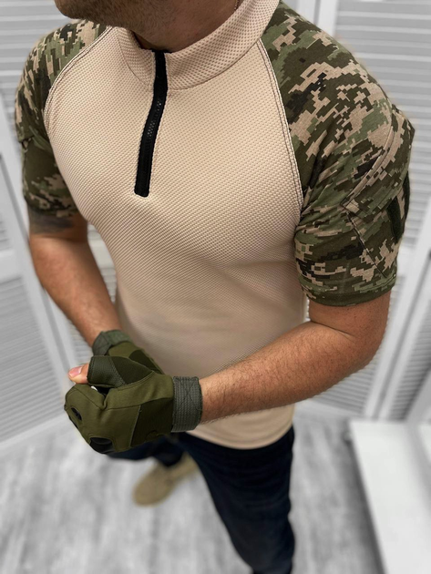 Износостойкая Крепкая Мужская футболка с молнией Coolmax / Поло койот пиксель размер L - изображение 1
