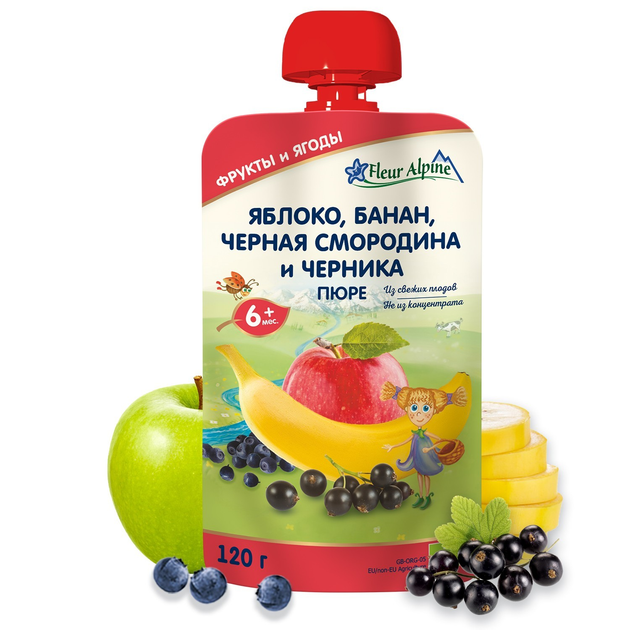 Фруктове органічне пюре Fleur Alpine Яблуко, Банан, Чорна смородина і Чорниця 120 г (5024688001093) - зображення 2