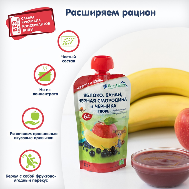 Фруктове органічне пюре Fleur Alpine Яблуко, Банан, Чорна смородина і Чорниця 120 г (5024688001093) - зображення 3