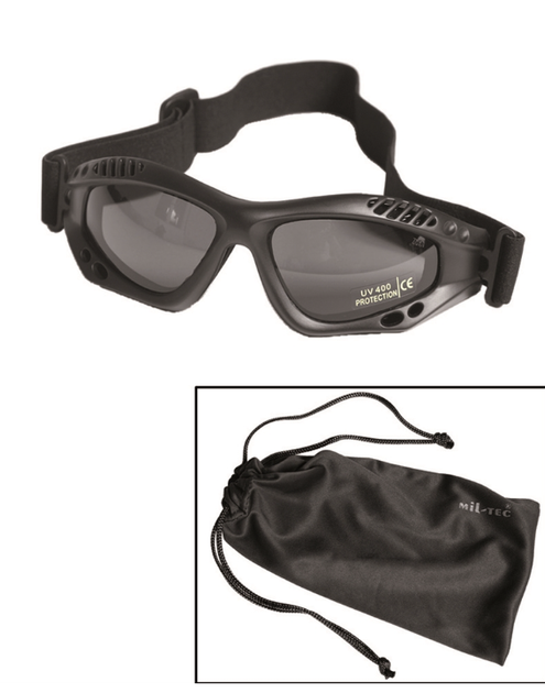 Очки защитные Mil-Tec затемненные из поликарбоната на эластичной резинке на голову пластиковая рама с системой вентиляции маска One size черные - изображение 1