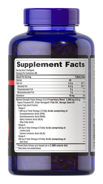 Омега 3-6-9, Maximum Strength Triple Omega 3-6-9 Fish, Flax & Borage Oils, Puritan's Pride, 240 капсул (PTP-10148) - изображение 4