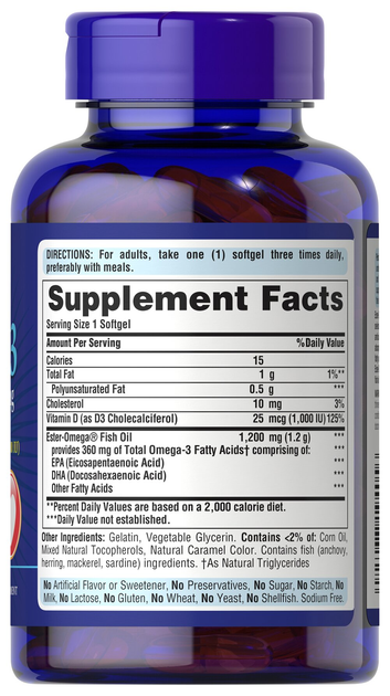 Омега-3 риб'ячий жир + вітамін Д3, Omega-3 Fish Oil, 1000 IU of Vitamin D3, Puritan's Pride, 1200/1000 МО, 90 капсул (PTP-19405) - зображення 3