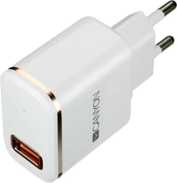 Мережевий зарядний пристрій Canyon USB + вбудований кабель Lightning 2.1 А White (CNE-CHA043WR) - зображення 1