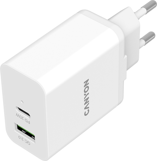 Зарядний пристрій Canyon H-20-03 PD 20 W QC 3.0 18 W USB-A USB-C White (CNE-CHA20W03) - зображення 1