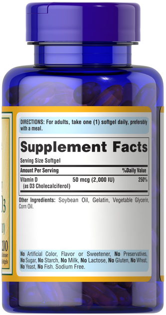 Витамин Д3, Vitamin D3, Puritan's Pride, 2000 МЕ, 200 капсул (PTP-17618) - изображение 4
