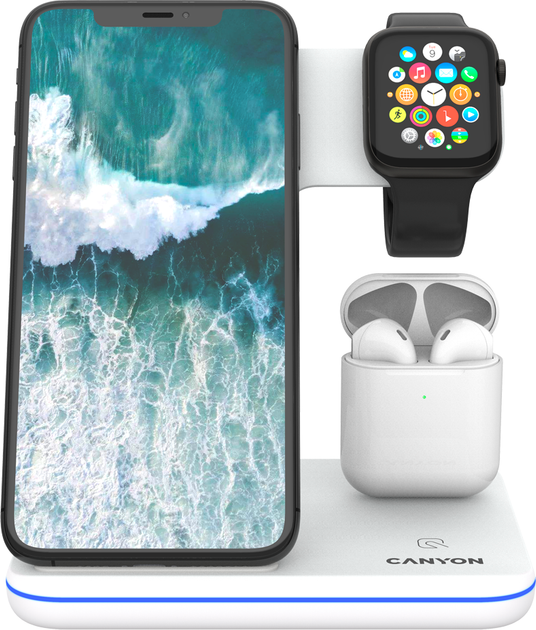 Бездротовий зарядний пристрій Canyon WS-302 3 в 1 QI White (CNS-WCS302W) - зображення 3