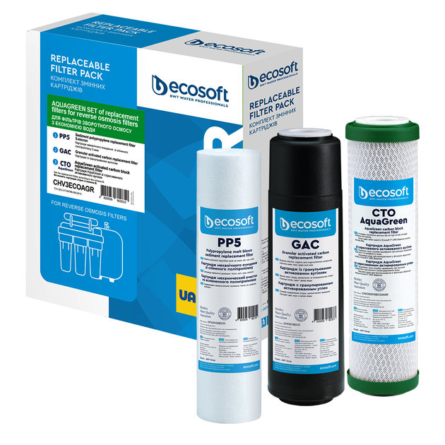 Покращений комплект картриджів Ecosoft 1-2-3 (CHV3ECOAGR) з функцією економії води - Фото 1 Покращений комплект картриджів Ecosoft 1-2-3 (CHV3ECOAGR) з функцією економії води - зображення 1