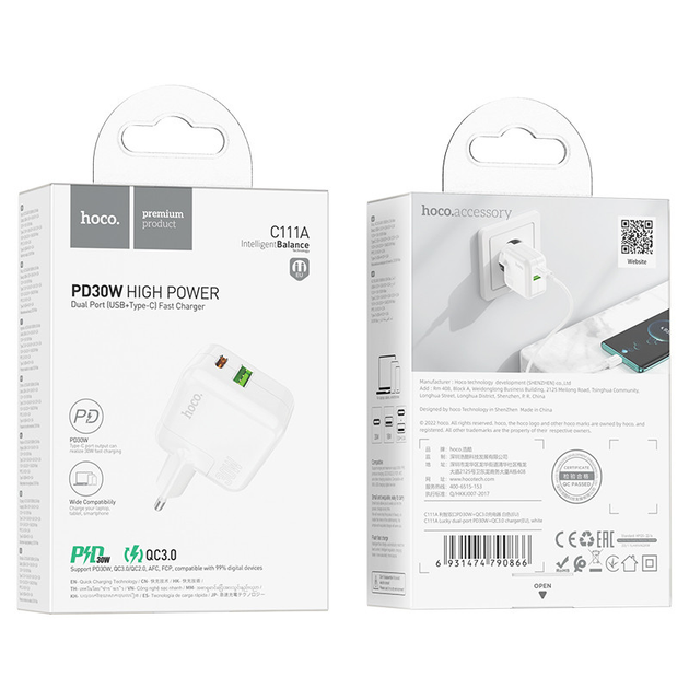 Зарядний пристрій з швидкою зарядкою HOCO C111A |1USB/1Type-C, 30W/3A ...