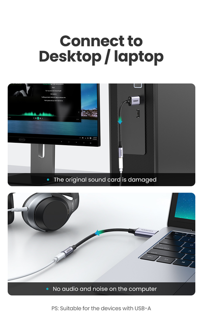 Звуковая карта Ugreen USB - 3.5мм minijack с поддержкой микрофона 24 бит/96 кГц TRRS Наружный Адаптер AUX 4-пиновый Металлический Черный - изображение 6