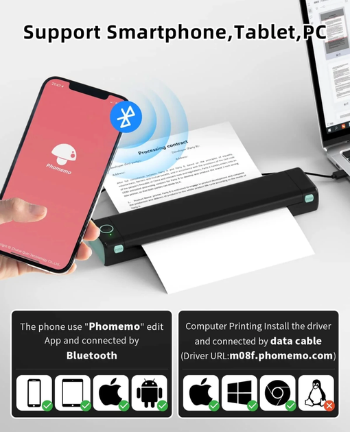Портативный термопринтер Phomemo M08F для печати на А4, беспроводной, 1200 mAh, Bl-Gr + 400 листов А4 и сумка - изображение 4