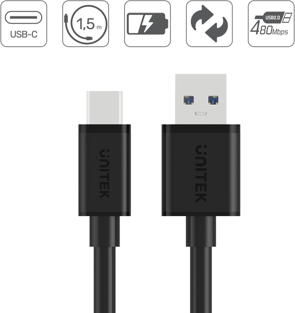 Кабель Unitek USB-A 2.0 - USB-C 2m C14068BK - зображення 2