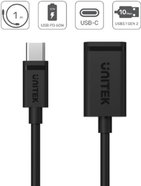 Adapter Unitek USB-C to USB-A M/F 10Gbps 60 W (C476BK-1M) - obraz 3