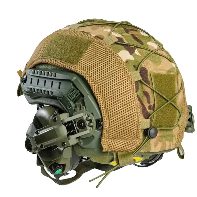 Балістичний шолом-каска Fast кольору олива в кавері мультикам стандарту NATO (NIJ 3A) M/L + навушники М32 (з мікрофоном) і кріпленням "Чебурашка" - зображення 1