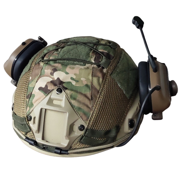 Баллистическая шлем-каска Fast цвета койот в кавере стандарта NATO (NIJ 3A) M/L + наушники М32 (с микрофоном) и креплением "Чебурашка" - изображение 1