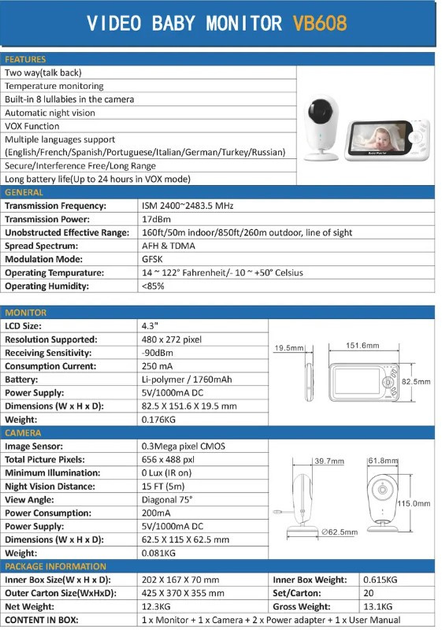 Видеоняня VB608 4.3 с датчиком звука ночное видение термометр - изображение 7