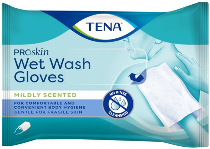 Одноразові рукавички для миття тіла Tena Wet Wash Glove 8 шт (7322540717662) - зображення 1